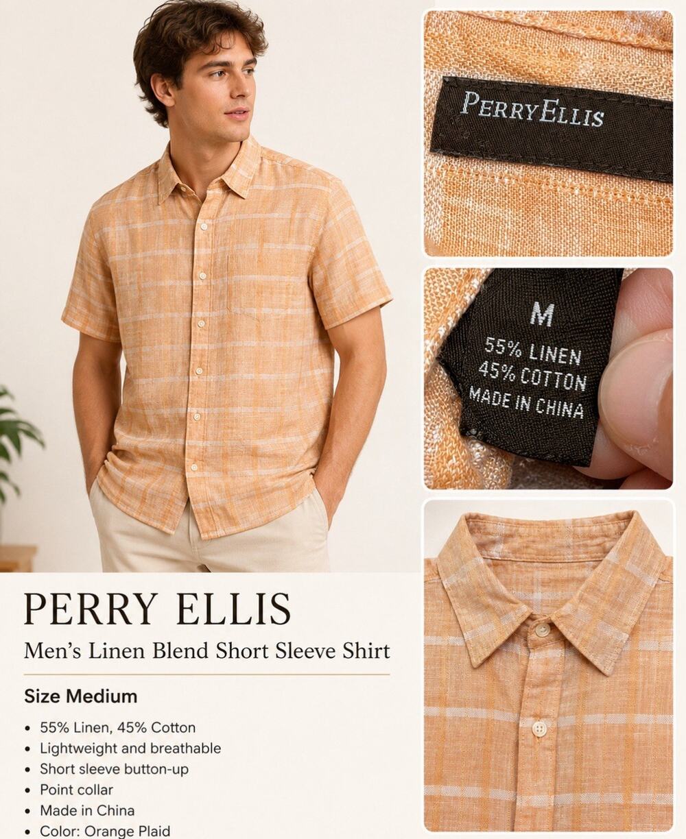Coastal Perry Ellis Orange Plaid Linen Blend Short Sleeve Shirt Size M Preppy